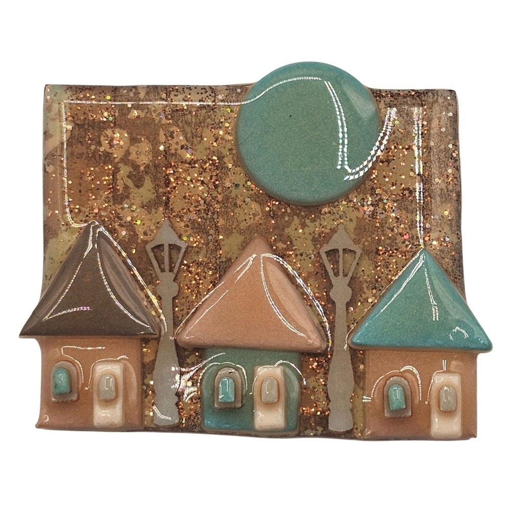 Vtg Brooch House Pins by‎ Lucinda Stoneware Enamel 90s House Home Urban Signed